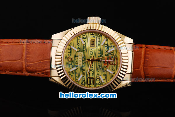 Rolex Datejust Automatic Gold Case with Yellow Dial-Leather Strap - Click Image to Close